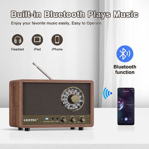 LEOTEC AM FM Radio, Retro Wood Table Radio, Portable Bluetooth Speaker with AUX and Headphone Jack, Brown