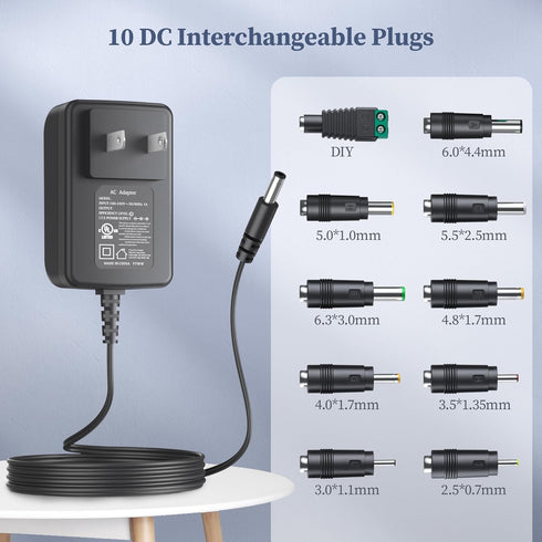 24V 1A Power Supply 24 Volt Charger, 1000mA 24W Max Regulated Switching AC to DC Cord Adapter with 10 Replacement