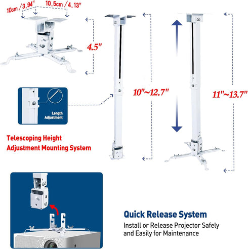 Homcine 11 13.7 Inches Projector Ceiling Wall Mount Adjustable Height from to Bracket with Extendable Arms Low Profile