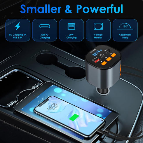 MQOUNY 5 in 1 Fast Car Phone Charger, 90W Retractable Car Charger, Bluetooth 5.3 FM Transmitter Adapter, Handsfree Call