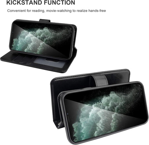 Bocasal Wallet Case for iPhone 11 Pro Max, Black, with Card Holder, PU Leather, Magnetic Detachable Kickstand,