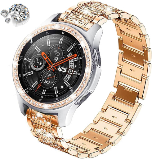 22mm Bling Rhinestone Diamond Metal Strap with Bezel Ring Cover Replacement for Samsung Galaxy Watch 46mm/Gear S3 (Rose