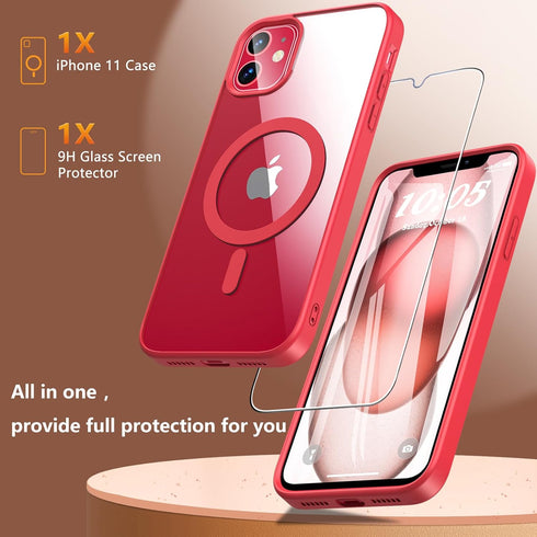 BESINPO Red Magnetic Case for iPhone 11, with Tempered Glass Screen Protector, Compatible with MagSafe, 360 Full-Body