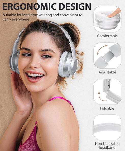 rockpapa E8 Over The Ear Bluetooth Headphones with Microphone for Kid Children Boy Girl Youth Teen Adult, Foldable Wired/Wireless Headphones with Mic, Include Travel Case, Silver