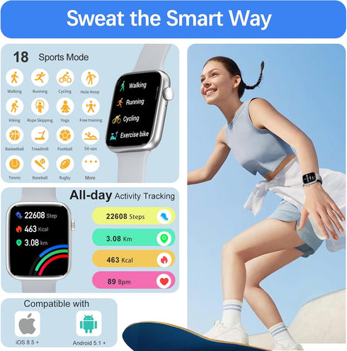 Smart Watches for Women Men, 1.85" HD Screen, Fitness Tracker, Heart Rate, Blood Oxygen Monitor, Compatible with iPhone