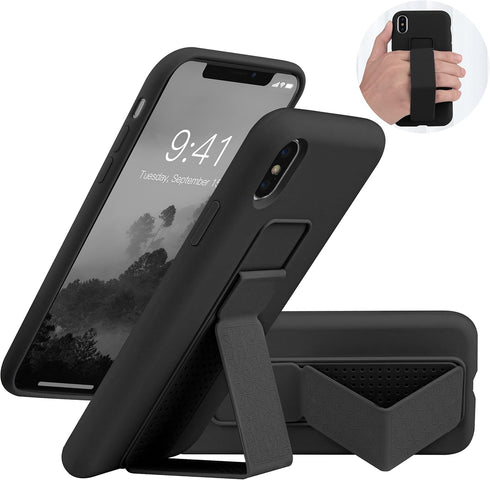 LAUDTEC Silicone Kickstand Case for iPhone X/XS - Flexible Soft Liquid Silicone Cover with Hand Strap and Metal Stand
