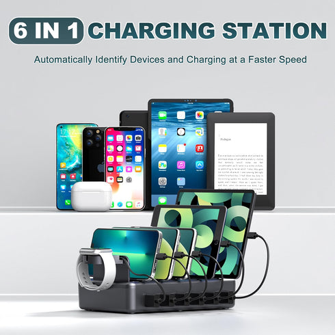 6 in 1 Charging Station for Multiple Devices, 50W Dock with Mixed Charging Cables for Cellphone, Tablet, iPhone, iPad