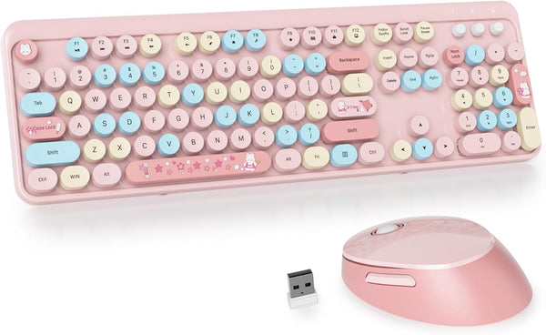 GTSP Typewriter Pink Wireless Keyboard and Mouse, Full-Size Colorful Cute Office Keyboard with Number Pad