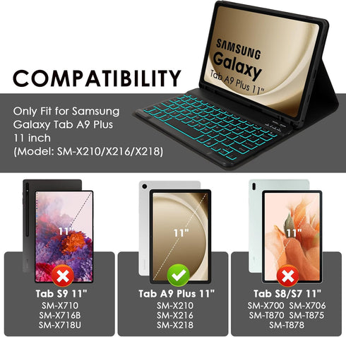 LAMA 7 Colors Backlit Keyboard Case for Samsung Galaxy Tab A9 Plus, Slim Lightweight Stand Cover with Bluetooth