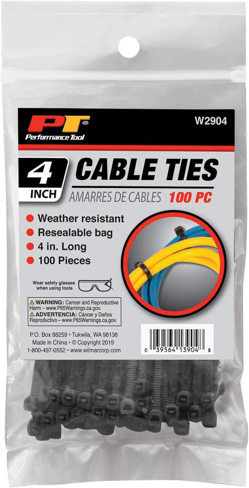 Performance Tool W2904 100 Pc Black Cable Ties, 4-Inch Length, 18 Lbs Tensile Strength, Resealable Bag