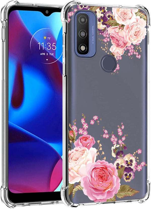 Moto G Pure Case, Moto G Power 2022 Case, TPU Soft Rubber Reinforced Anti-Fall Mobile Phone Cover (Pink Flower)