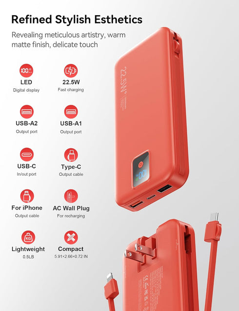 Rngsnoy 12000mAh 22.5W Pack Portable Charger, Fast Charging Power Bank with Built-in Cables & Wall Plug, Travel