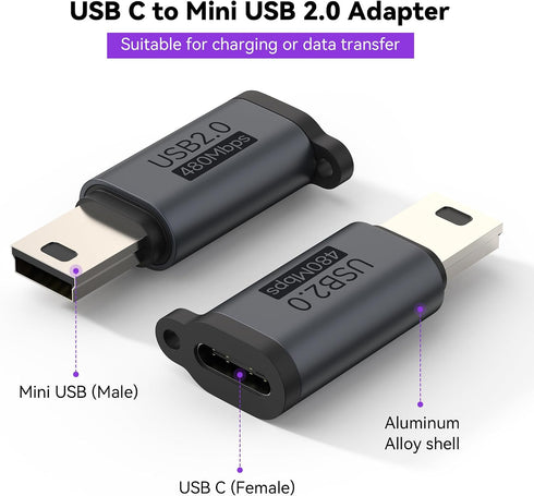 MOSHOU TI-84 CE,TI-84 3+, MP3 Players(2 Pack) Mini USB Adapter for Plus Plus Series Graphing Calculators,USB C to Mini