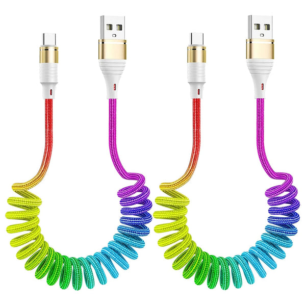 Rainbow Coiled Fast Charging Cable, USB C Spring Retractable Charger Cable for Car, 3FT Nylon Braided Type C Data
