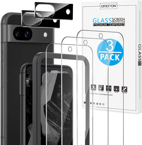 OMOTON 3+2 Pack for Google Pixel 8a: 3 Tempered Glass Screen Protectors & 2 Camera Lens Protectors, 9H Hardness, Case