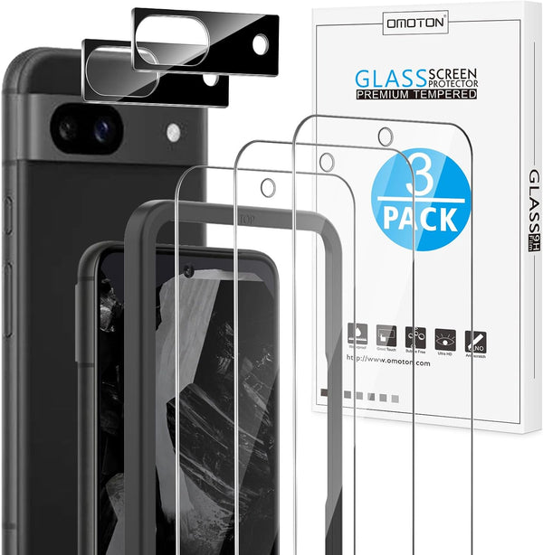 OMOTON 3+2 Pack for Google Pixel 8a: 3 Tempered Glass Screen Protectors & 2 Camera Lens Protectors, 9H Hardness, Case
