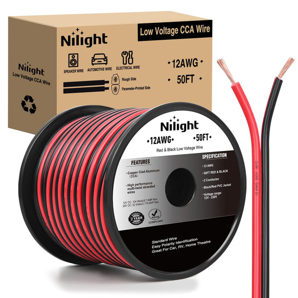 Nilight 50FT 12AWG Copper Clad Aluminum Wire, 12/2 Gauge Red Black Electrical Cable for Car Audio