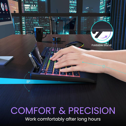 VEILZOR 2.4G 9 Set Wireless Keyboard and Mouse Combo- Rechargeable Keyboard with Phone Holder, Ergonomic Wrist Rest