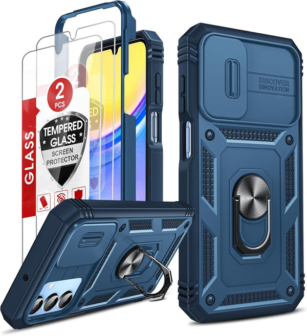 LeYi Galaxy A15-5G Case: Military-Grade Shockproof, Blue, with 2 Tempered Screen Protectors & Credit Card Holder.