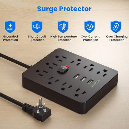 Power Strip Surge Protector with 9 Outlets, 3 USB Ports, Fireproof Desktop Charging Station, 5 ft Long Extension Cords,