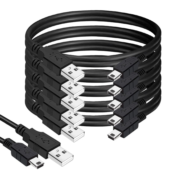 Mini USB Cable, 15-ft. 5-Pack Type A Male to Mini B USB Data Charging Cord for Camera, Blue Yeti, PS3 Controller