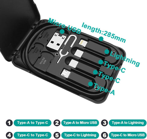 Multi-Function Universal Smart Adaptor Card Storage Box 28.5cm, Double Headed USB C Cable Micro-USB/Lightning/USB to