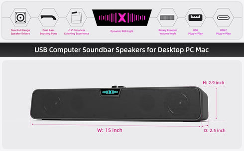 XKX Computer Speakers Soundbar for Desktop PC Mac, USB Plug-in, Wired, External Speakers for Laptop Desk Monitor, RGB