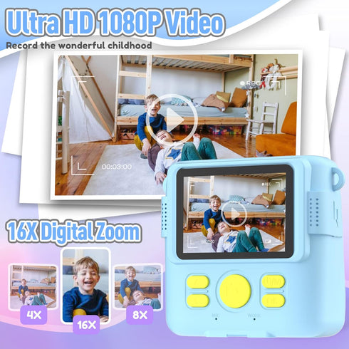 Kids Camera Instant Print, Christmas Birthday Gifts for Ages 3-12, Selfie Digital Camera with 1080P Videos, Blue