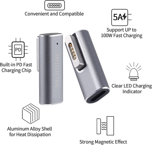 Magnetic USB C Female to Mag-Safe 2 T Tip Male Adapter, 100W PD Power Charger for MacBook Pro Air