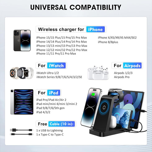 5 in 1 Wireless Charger Station for iPhone - Fast Charging Dock for Multiple Devices: Apple Watch, AirPods, iPhone 15