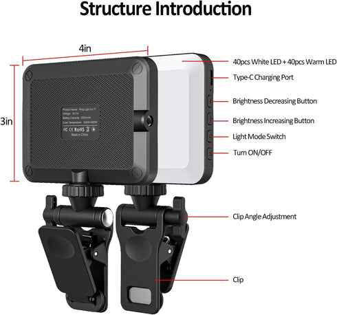 XINBAOHONG Rechargeable Selfie Light, Clip Fill Light for Phone Laptop Tablet Portable Light for Video Conference Live