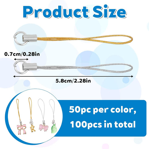 Larrel 100PCS 58mm Phone Keychain Strap, Cell Phone Split Ring Strap, Gold/Silver Cellphone Charms Lanyard String
