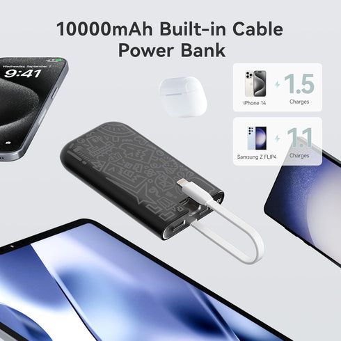 imuto Graffiti Style Portable Charger, 10000mAh Power Bank with Built-in Lightning Cable, 22.5W Fast Charging,
