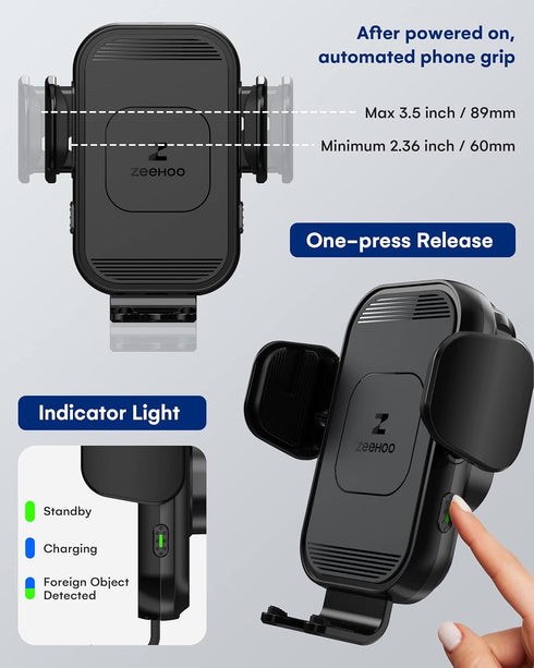 ZeeHoo Wireless Car Charger, 15W Fast Charging Auto Clamping Phone Mount for iPhone 15/14/13/12/11 Pro Max Xs, Etc.