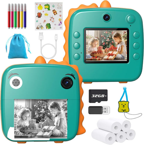 MFLABEL Kids Instant Print Camera, HD Dinosaur Selfie Digital Camera with 1080P Videos, Portable Travel Toy Set