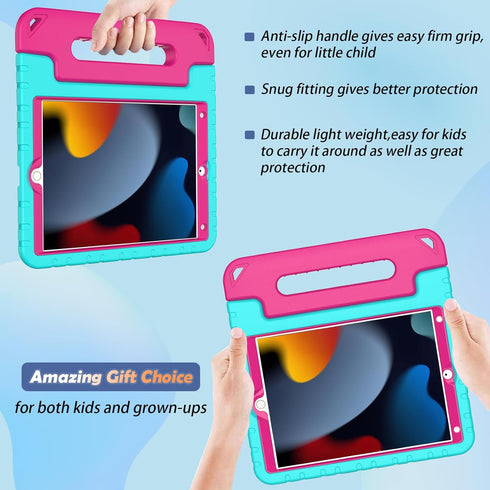 LTROP Kids Case for iPad 9th/8th/7th Generation - Turquoise and Rose Handle Stand Case for 10.2 iPad