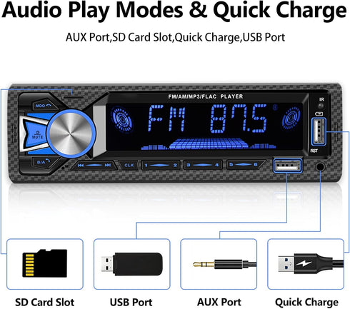 Single Din Car Stereo Marine Radio, Bluetooth Hands Free Calling with Digital LCD Display, MP3 Player