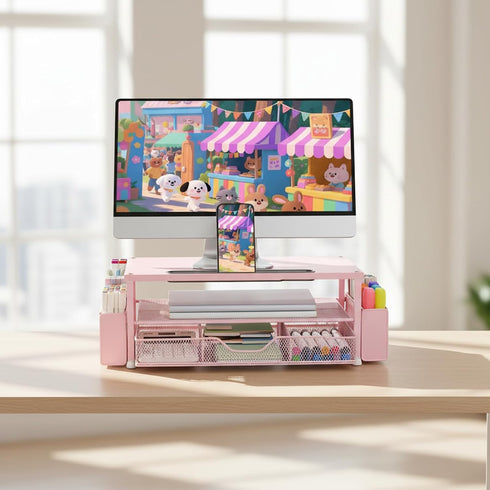 2-Tier AUPSEN Pink Desk Organizers and Accessories, Wood Computer Monitor Stand with Drawer, Pen Storage & Phone