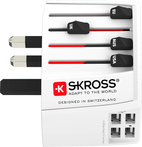 SKROSS Shockproof Universal Travel Adapter, 2 Pole Plus 4 USB Type-A Ports, Child Safe