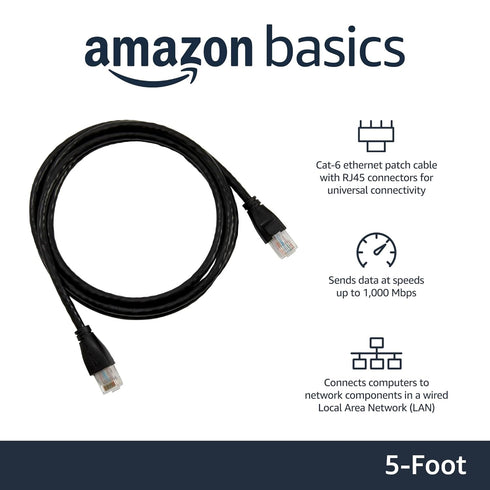 RJ45 Cat-6 1Gpbs 5-Foot, 5-Pack Amazon Basics Ethernet Patch Internet Cable, Transfer Speed, Gold-Plated Connectors