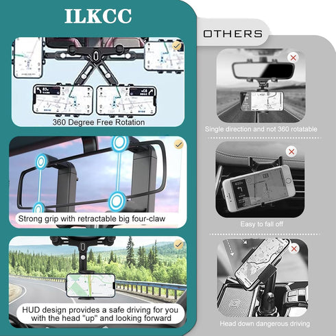 ILKCC 360 Rearview Mirror Phone Holder for Car, Rotating and Retractable Multifunctional Rear View Phone Mount