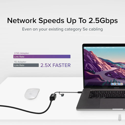 Plugable 2.5GB USB Ethernet Adapter for Laptop, 2-in-1 USB-C and USB Compatible, RJ45 2.5 Gigabit LAN