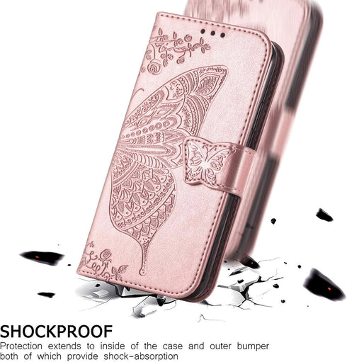 Wallet Case for Galaxy A52 4G/5G, PU Leather Flip Cover with Wrist Strap, Cash Credit Card Slots, Emboss Butterfly