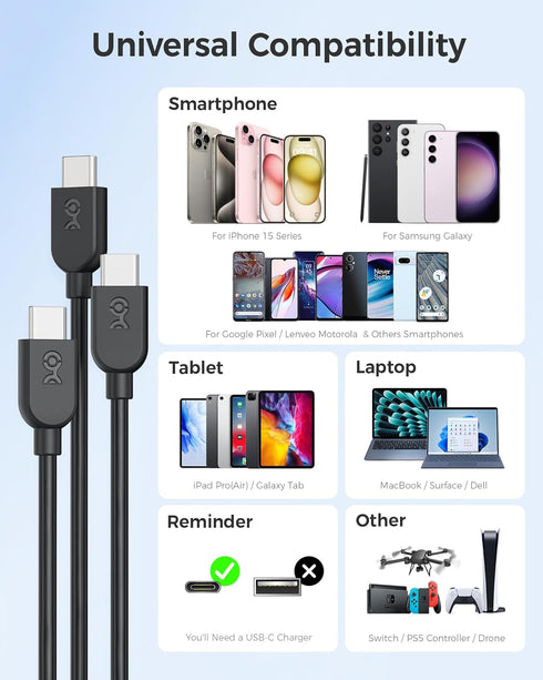 Cable Matters 3-Pack Extreme Flexible Short USB C Charging Cable, 3ft in Black, Support 60W PD, for iPhone 15/15 Pro/15