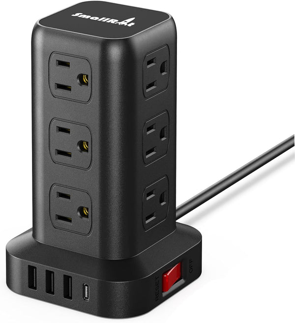 PD20W Surge Protector Power Strip Tower with 15FT Extension Cord, 12 AC & 4 USB (1 USB C) - Office Desk