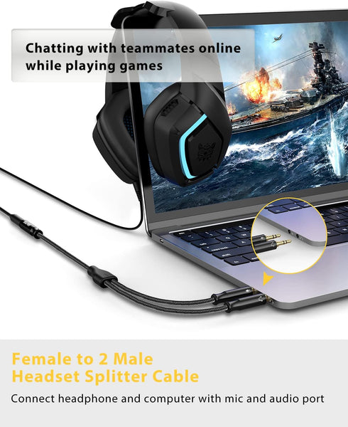 Headset Splitter Cable for PC 3.5mm Crystal-Nylon Braid 3.5mm Female to Dual 3.5mm TRS Male Headphone Mic Audio Y Splitter Cable CTIA Gaming Headset to PC Adapter - Matte Black 0.3M by SOLMIMI