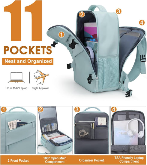 Travel Backpack for Women Men, Waterproof Laptop Backpack, Flight Approved Carry On Bag for 15.6'' Laptop, Lake Blue