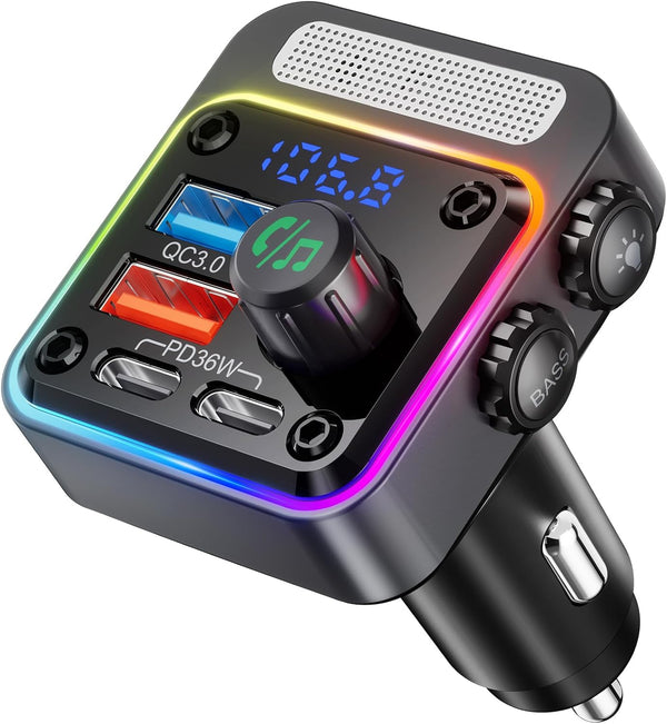 Nulaxy 54W Bluetooth 5.3 Car Adapter with 4 Charging Ports, Wireless Radio FM Transmitter with Deep Bass Player