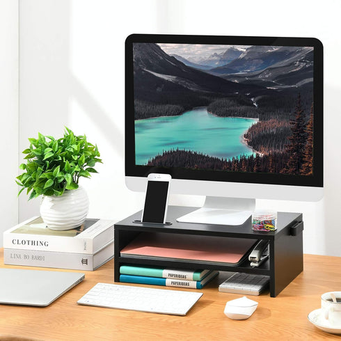 Marbrasse Monitor Stand Riser, 16.5 Inch 2 Tier Shelf for Laptop & Printer, Desktop Stand with Phone Holder, Black