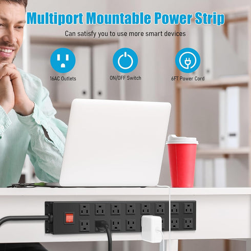 HHSOET Metal Power Strip 16 Outlet Mountable, Wall Mount Garage Workbench Socket with 6 FT Power Cord (Black)